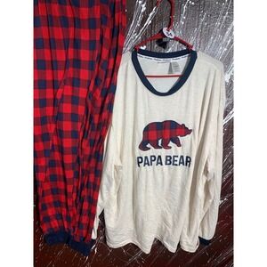 Dearfoams Mens Papa Bear Pajama Set 3X Cream Red Buffalo Plaid Joggers 2 Piece